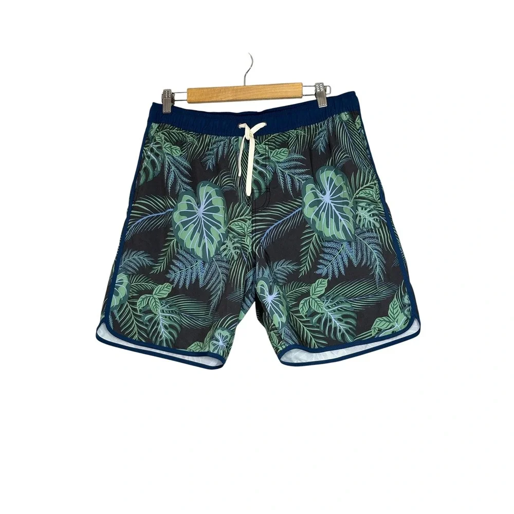 Fair Harbor Mens Tropical Palm Print Board Shorts Large Lined Swim Trunks Green